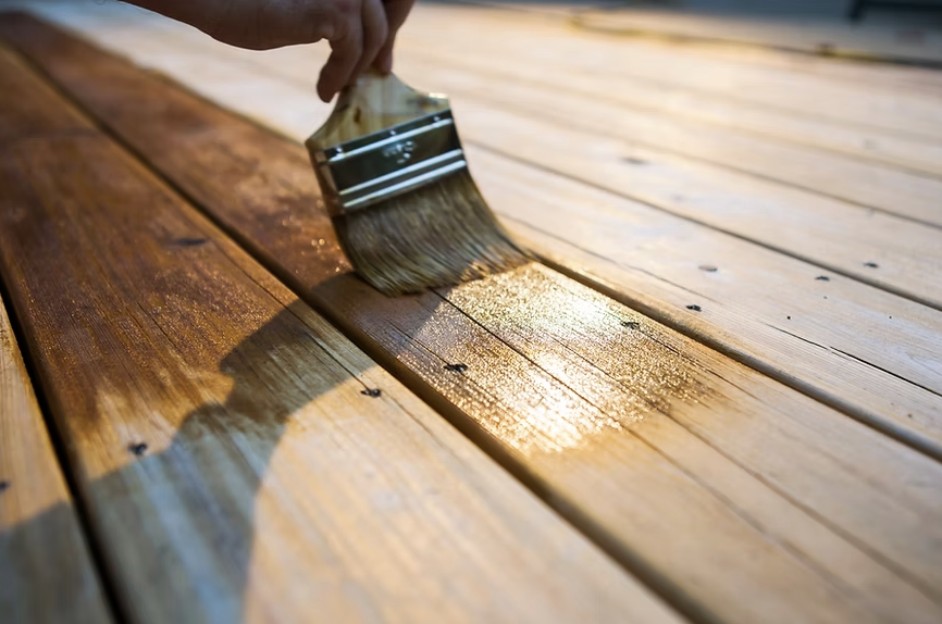 Wood deck staining in progress